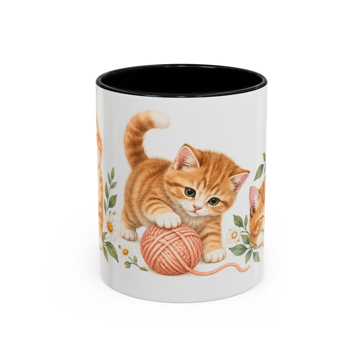 Orange Tabby Mug, Cute Watercolor Cat Coffee Cup, Floral Pet Lover Gift, 11oz 15oz Ceramic Accent Mug — 11oz / Black — front