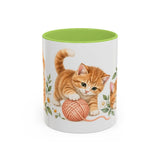 Orange Tabby Mug, Cute Watercolor Cat Coffee Cup, Floral Pet Lover Gift, 11oz 15oz Ceramic Accent Mug — 11oz / Light Green — front