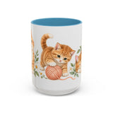 Orange Tabby Mug, Cute Watercolor Cat Coffee Cup, Floral Pet Lover Gift, 11oz 15oz Ceramic Accent Mug — 15oz / Light Blue — front