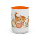 Orange Tabby Mug, Cute Watercolor Cat Coffee Cup, Floral Pet Lover Gift, 11oz 15oz Ceramic Accent Mug — 15oz / Orange — front