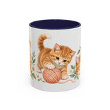 Orange Tabby Mug, Cute Watercolor Cat Coffee Cup, Floral Pet Lover Gift, 11oz 15oz Ceramic Accent Mug — 11oz / Navy — front