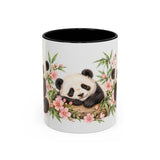 Panda Mug, Peach Blossoms, Cute Watercolor Animal Coffee Cup, Panda Lover Gift, 11oz 15oz Ceramic Accent Mug — 11oz / Black — front
