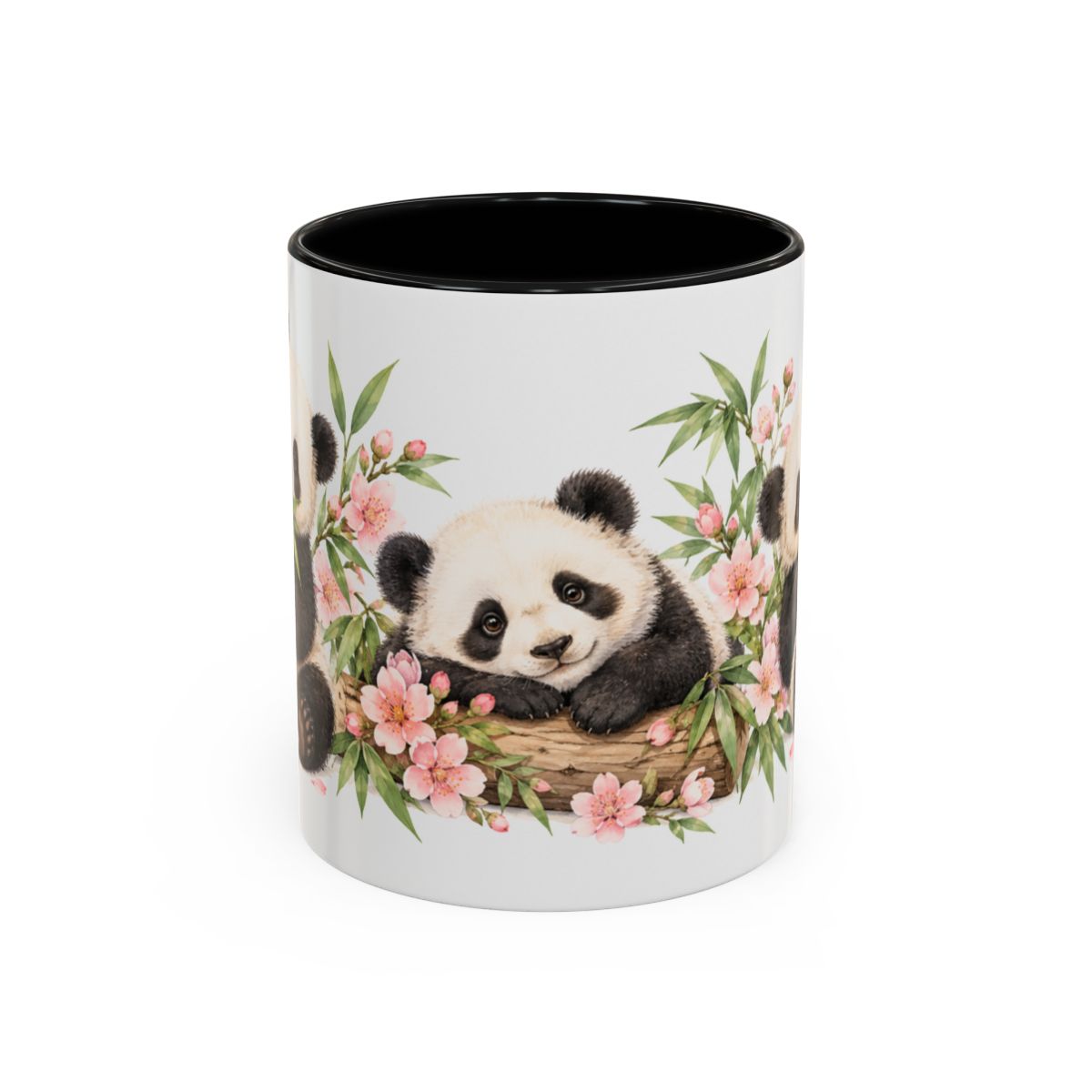 Panda Mug, Peach Blossoms, Cute Watercolor Animal Coffee Cup, Panda Lover Gift, 11oz 15oz Ceramic Accent Mug — 11oz / Black — front