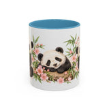 Panda Mug, Peach Blossoms, Cute Watercolor Animal Coffee Cup, Panda Lover Gift, 11oz 15oz Ceramic Accent Mug — 11oz / Light Blue — front