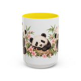 Panda Mug, Peach Blossoms, Cute Watercolor Animal Coffee Cup, Panda Lover Gift, 11oz 15oz Ceramic Accent Mug — 15oz / Yellow — front