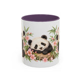 Panda Mug, Peach Blossoms, Cute Watercolor Animal Coffee Cup, Panda Lover Gift, 11oz 15oz Ceramic Accent Mug — 11oz / Purple — front