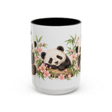 Panda Mug, Peach Blossoms, Cute Watercolor Animal Coffee Cup, Panda Lover Gift, 11oz 15oz Ceramic Accent Mug — 15oz / Black — front