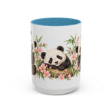 Panda Mug, Peach Blossoms, Cute Watercolor Animal Coffee Cup, Panda Lover Gift, 11oz 15oz Ceramic Accent Mug — 15oz / Light Blue — front