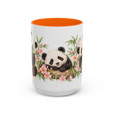 Panda Mug, Peach Blossoms, Cute Watercolor Animal Coffee Cup, Panda Lover Gift, 11oz 15oz Ceramic Accent Mug — 15oz / Orange — front