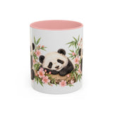 Panda Mug, Peach Blossoms, Cute Watercolor Animal Coffee Cup, Panda Lover Gift, 11oz 15oz Ceramic Accent Mug — 11oz / Pink — front