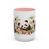 Panda Mug, Peach Blossoms, Cute Watercolor Animal Coffee Cup, Panda Lover Gift, 11oz 15oz Ceramic Accent Mug — 15oz / Pink — front