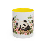 Panda Mug, Peach Blossoms, Cute Watercolor Animal Coffee Cup, Panda Lover Gift, 11oz 15oz Ceramic Accent Mug — 11oz / Yellow — front