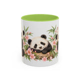 Panda Mug, Peach Blossoms, Cute Watercolor Animal Coffee Cup, Panda Lover Gift, 11oz 15oz Ceramic Accent Mug — 11oz / Light Green — front