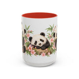 Panda Mug, Peach Blossoms, Cute Watercolor Animal Coffee Cup, Panda Lover Gift, 11oz 15oz Ceramic Accent Mug — 15oz / Red — front