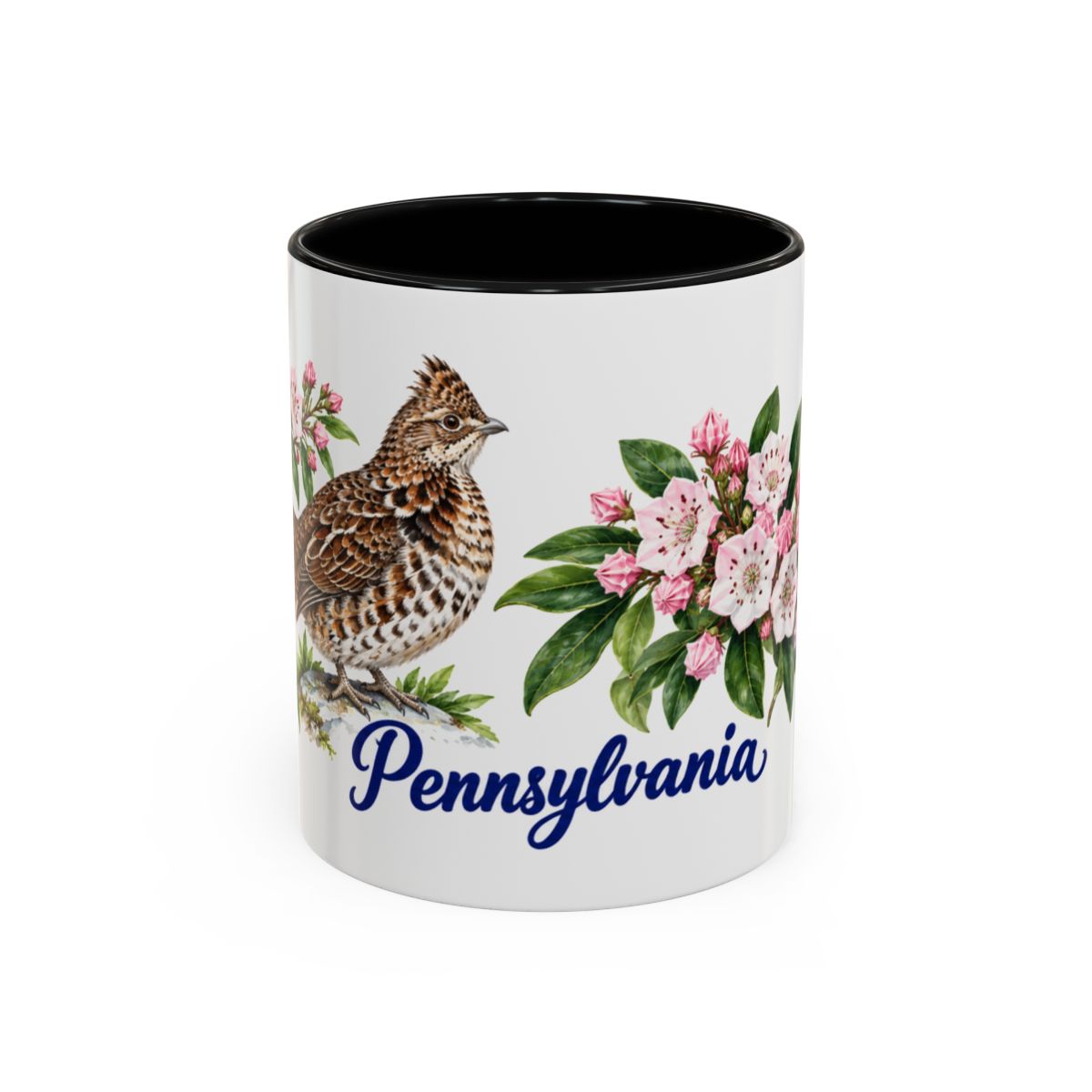 Pennsylvania State Bird and Flower Mug, Watercolor Botanical Coffee Cup, Nature Lover Gift, 11oz 15oz Accent Mug — 11oz / Black — front