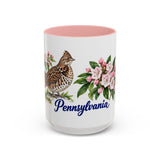 Pennsylvania State Bird and Flower Mug, Watercolor Botanical Coffee Cup, Nature Lover Gift, 11oz 15oz Accent Mug — 15oz / Pink — front