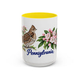 Pennsylvania State Bird and Flower Mug, Watercolor Botanical Coffee Cup, Nature Lover Gift, 11oz 15oz Accent Mug — 15oz / Yellow — front