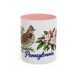 Pennsylvania State Bird and Flower Mug, Watercolor Botanical Coffee Cup, Nature Lover Gift, 11oz 15oz Accent Mug — 11oz / Pink — front