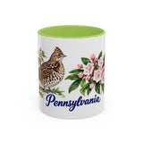 Pennsylvania State Bird and Flower Mug, Watercolor Botanical Coffee Cup, Nature Lover Gift, 11oz 15oz Accent Mug — 11oz / Light Green — front