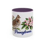 Pennsylvania State Bird and Flower Mug, Watercolor Botanical Coffee Cup, Nature Lover Gift, 11oz 15oz Accent Mug — 11oz / Purple — front