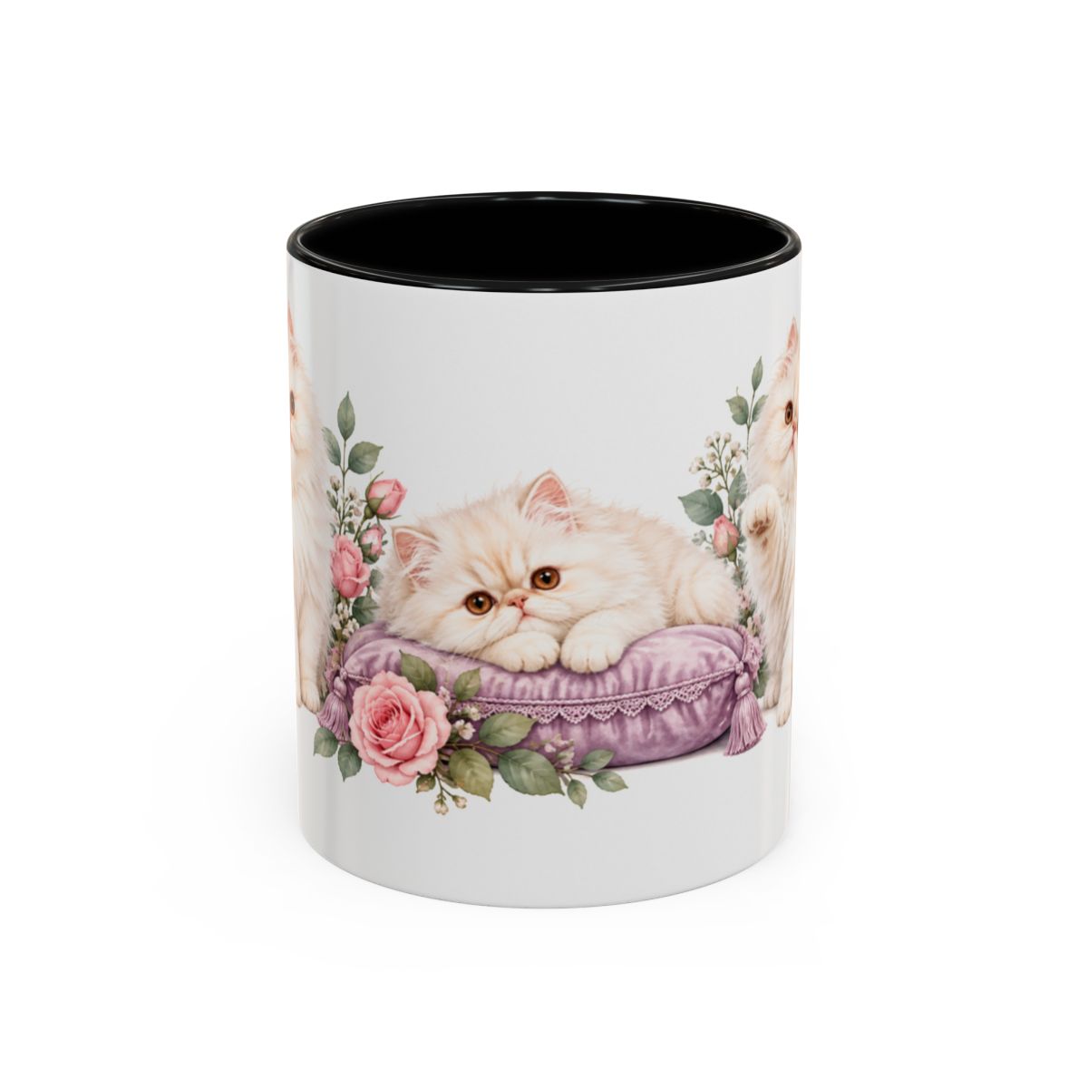 Persian Mug, Cute Watercolor Cat Coffee Cup, Floral Pet Lover Gift, 11oz 15oz Ceramic Accent Mug — 11oz / Black — front
