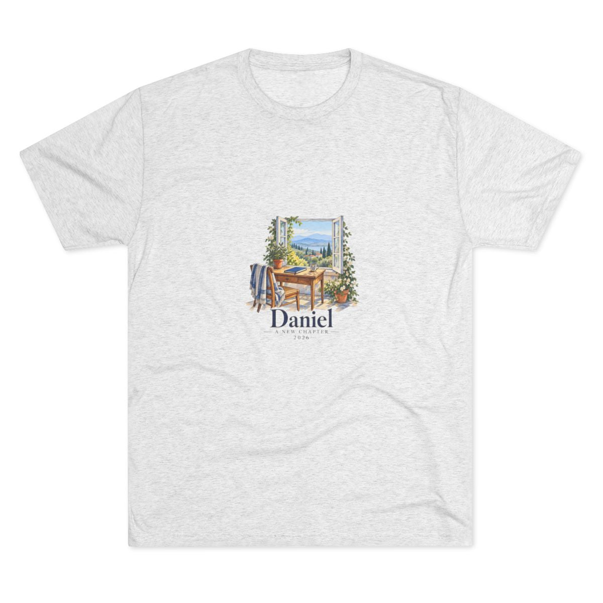 Personalized A New Chapter Name & Year Tri Blend Tee — Tri-Blend Heather White / L, Tri-Blend Heather White / XL, Tri-Blend Heather White / S, Tri-Blend Heather White / M, Tri-Blend Heather White / 2XL — personalized example, official product view 1
