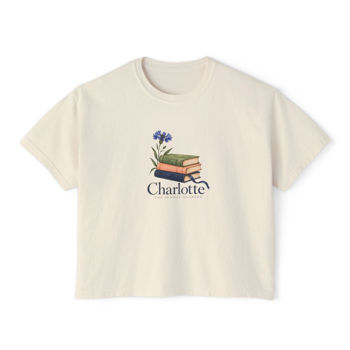 Personalized Books & Cornflower Name Book Club Boxy Tee — L / Ivory, S / Ivory, 2XL / Ivory, M / Ivory, XL / Ivory — personalized example, official product view 1