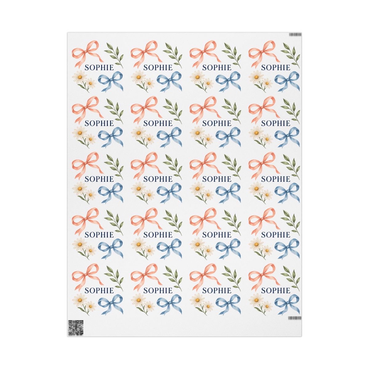 Personalized Bows & Daisies Name Wrapping Paper — 30 x 36 in — 30" x 36" / Matte — personalized example, official product view 1