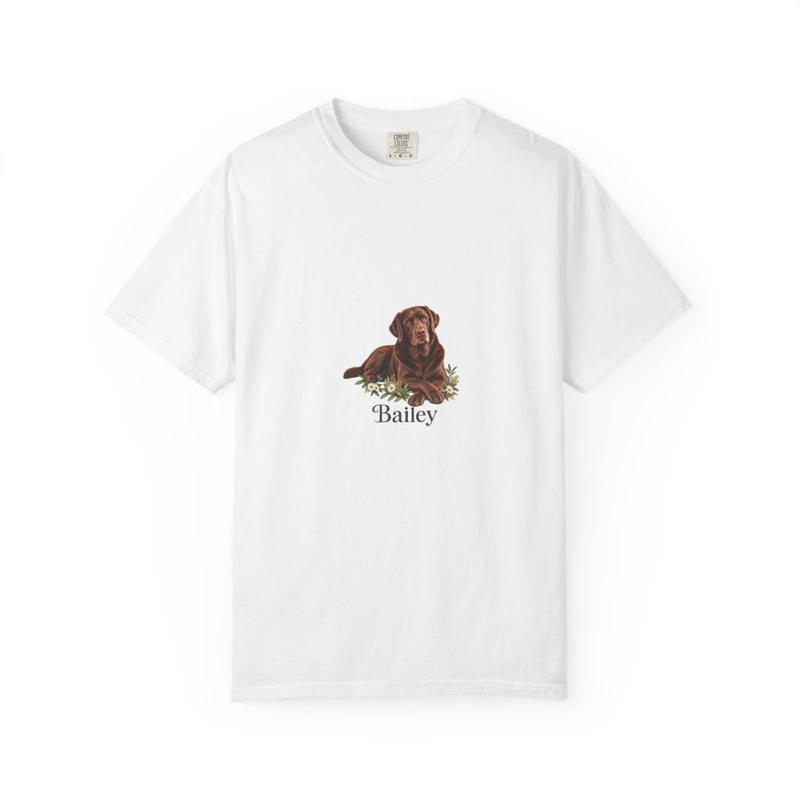 Personalized Chocolate Labrador Name T-Shirt — Botanical Dog Portrait — S / White, M / White, XL / White, L / White, 2XL / White — personalized example, official product view 1