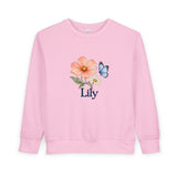 Personalized Cosmos Butterfly Name Toddler Sweatshirt — 2T / Pink, 3T / Pink, 4T / Pink, 5/6 Years / Pink, 7T / Pink — personalized example, official product view 9