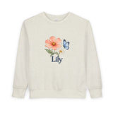 Personalized Cosmos Butterfly Name Toddler Sweatshirt — 2T / Natural Heather, 3T / Natural Heather, 4T / Natural Heather, 5/6 Years / Natural Heather, 7T / Natural Heather — personalized example, official product view 1
