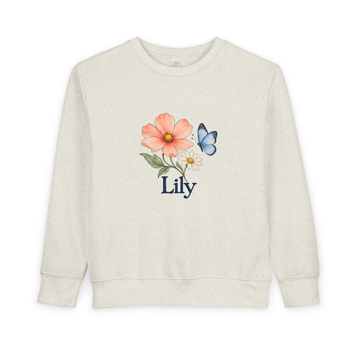 Personalized Cosmos Butterfly Name Toddler Sweatshirt — 2T / Natural Heather, 3T / Natural Heather, 4T / Natural Heather, 5/6 Years / Natural Heather, 7T / Natural Heather — personalized example, official product view 1