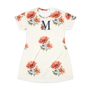 Personalized Poppy Initial All-Over-Print T-Shirt Dress — XS, S, M, L, XL, 2XL — personalized example, official product view 1