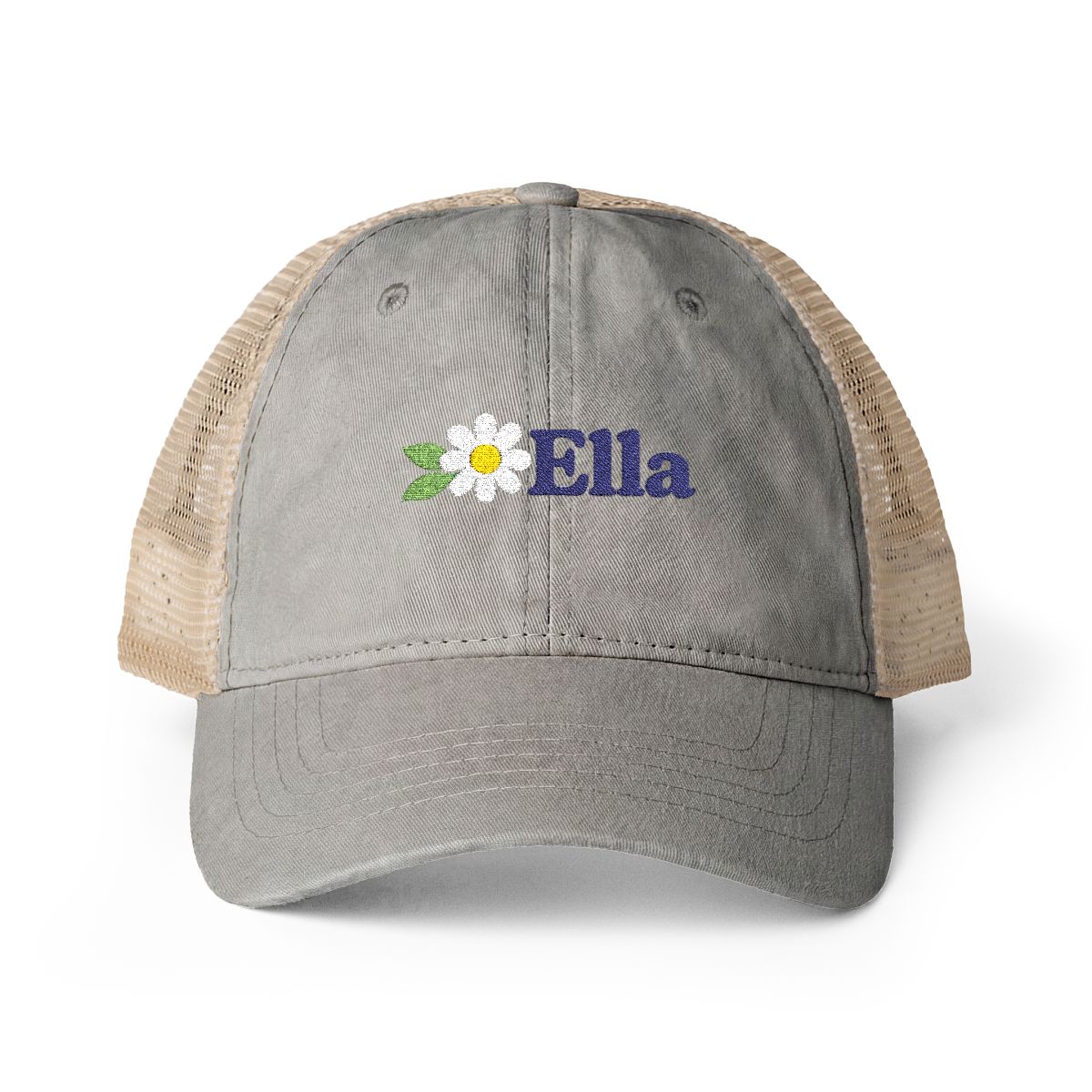 Personalized Daisy Name Washed Mesh Back Cap — One size / Light Grey / Polka Dots — personalized example, official product view 1