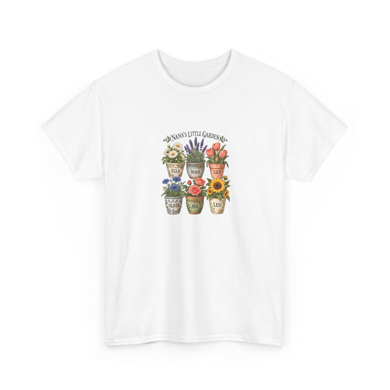 Personalized Family Flower Pot T-Shirt — Custom Title & Six Names — White / S, White / XL, White / L, White / M, White / 2XL — personalized example, official product view 1