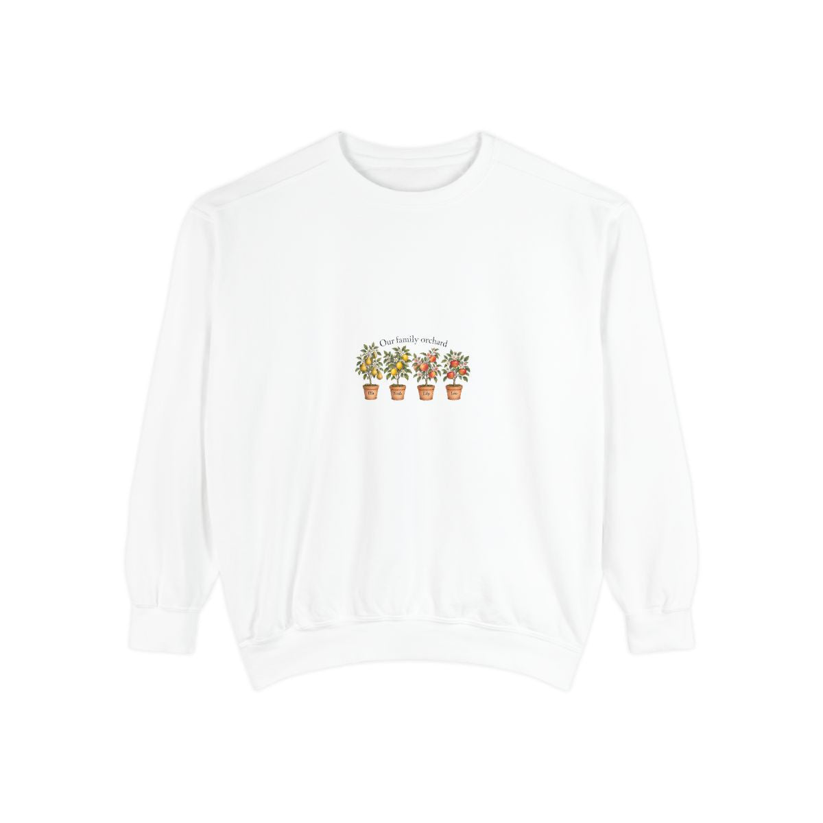 Personalized Family Orchard Sweatshirt — Four Names — White / XL, White / L, White / S, White / M, White / 2XL — personalized example, official product view 1