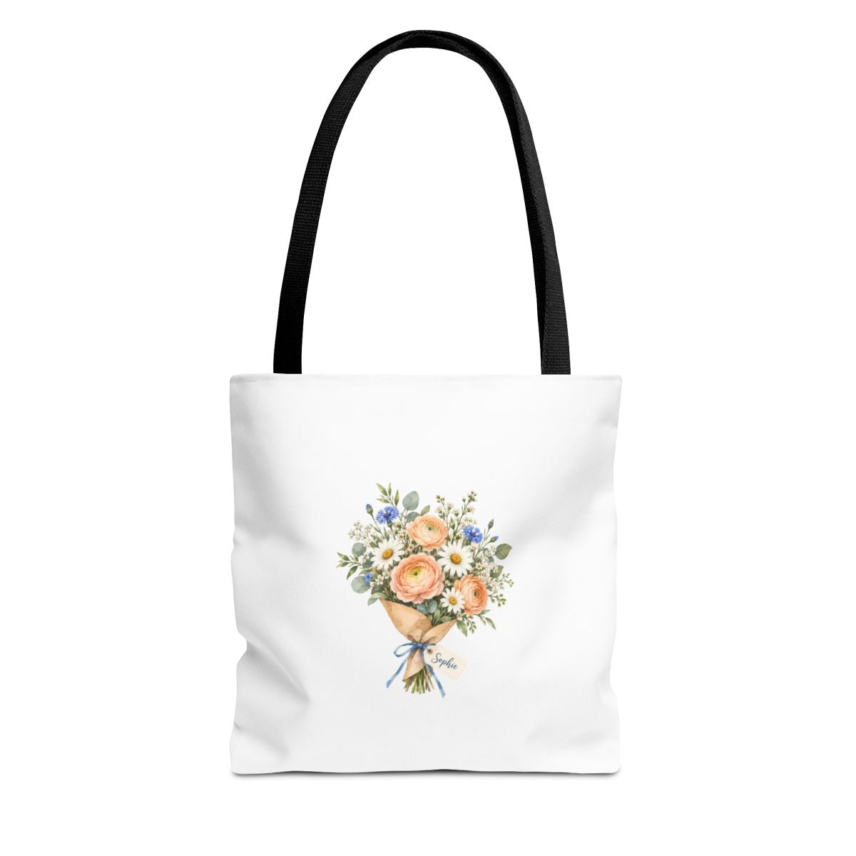 Personalized Flower Shop Bouquet Tote — Custom Name Tag — 13" × 13'' / Black — personalized example, official product view 1
