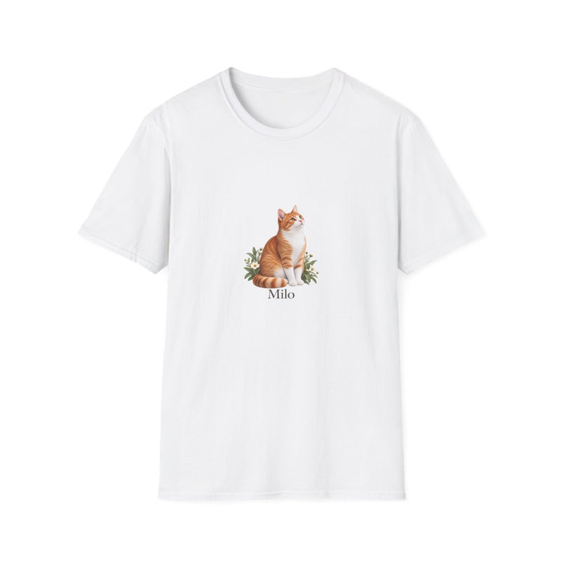Personalized Ginger Cat Name Softstyle T-Shirt — Botanical Portrait — White / 2XL, White / 3XL, White / M, White / S, White / XL, White / L — personalized example, official product view 1