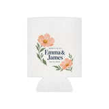Personalized Here’s to Us Floral Wedding Can Cooler — Names & Date — Regular Can — personalized example, official product view 1