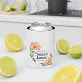Personalized Here’s to Us Floral Wedding Can Cooler — Names & Date — Regular Can — personalized example, official product view 10