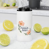 Personalized Here’s to Us Floral Wedding Can Cooler — Names & Date — Slim Can — personalized example, official product view 20