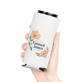 Personalized Here’s to Us Floral Wedding Can Cooler — Names & Date — Slim Can — personalized example, official product view 18