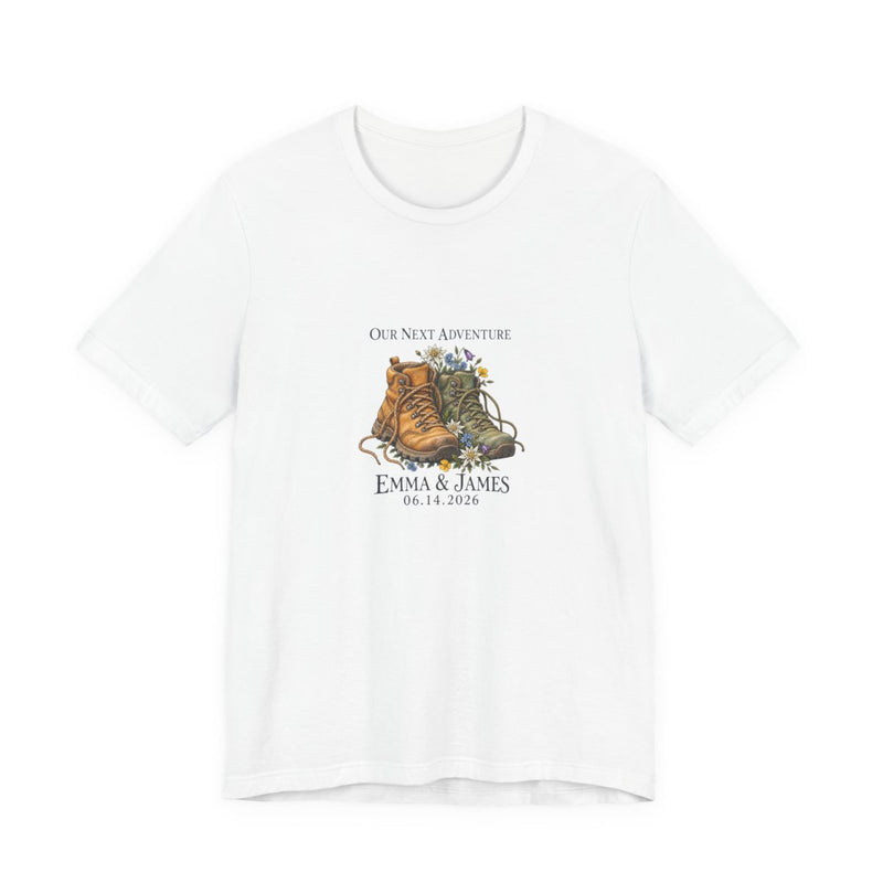 Personalized Hiking Couple T-Shirt — Names & Anniversary Date — White / 2XL, White / M, White / L, White / S, White / XL — personalized example, official product view 1