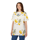 Personalized Lemon & Olive Initial All Over Print T-Shirt — White stitching / 4 oz. / S, White stitching / 4 oz. / M, White stitching / 4 oz. / L, White stitching / 4 oz. / XL, White stitching / 4 oz. / 2XL — personalized example, official product view 6