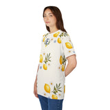 Personalized Lemon & Olive Initial All Over Print T-Shirt — White stitching / 4 oz. / S, White stitching / 4 oz. / M, White stitching / 4 oz. / L, White stitching / 4 oz. / XL, White stitching / 4 oz. / 2XL — personalized example, official product view 13