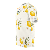 Personalized Lemon & Olive Initial All Over Print T-Shirt — White stitching / 4 oz. / S, White stitching / 4 oz. / M, White stitching / 4 oz. / L, White stitching / 4 oz. / XL, White stitching / 4 oz. / 2XL — personalized example, official product view 12