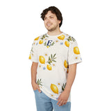 Personalized Lemon & Olive Initial All Over Print T-Shirt — White stitching / 4 oz. / S, White stitching / 4 oz. / M, White stitching / 4 oz. / L, White stitching / 4 oz. / XL, White stitching / 4 oz. / 2XL — personalized example, official product view 5