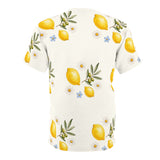 Personalized Lemon & Olive Initial All Over Print T-Shirt — White stitching / 4 oz. / S, White stitching / 4 oz. / M, White stitching / 4 oz. / L, White stitching / 4 oz. / XL, White stitching / 4 oz. / 2XL — personalized example, official product view 3