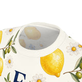 Personalized Lemon & Olive Initial All Over Print T-Shirt — White stitching / 4 oz. / S, White stitching / 4 oz. / M, White stitching / 4 oz. / L, White stitching / 4 oz. / XL, White stitching / 4 oz. / 2XL — personalized example, official product view 14