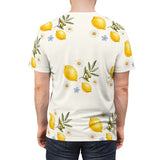 Personalized Lemon & Olive Initial All Over Print T-Shirt — White stitching / 4 oz. / S, White stitching / 4 oz. / M, White stitching / 4 oz. / L, White stitching / 4 oz. / XL, White stitching / 4 oz. / 2XL — personalized example, official product view 7